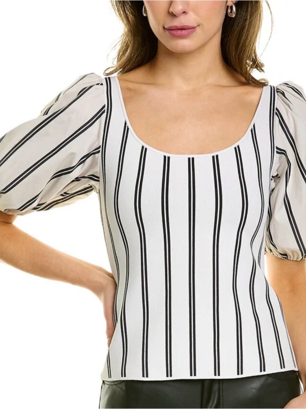 THEORY Scoop Top Vertical Stripe Puff Sleeve Top